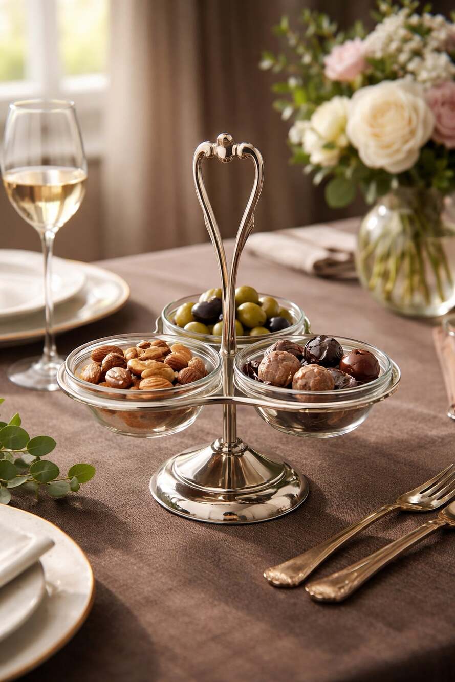 Kromex Vintage Chrome-Plated 3-Bowl Condiment Server with Handle